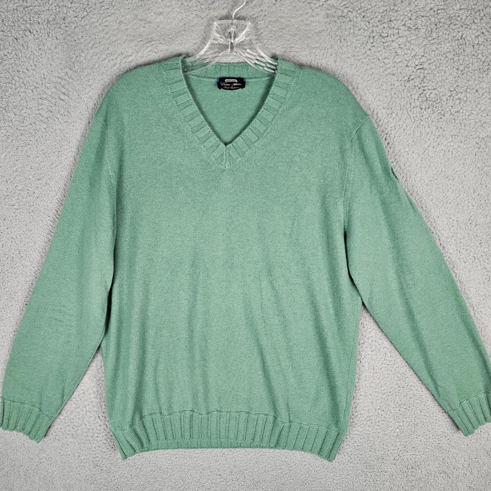 Cesare Attolini Sweater Mens 54 Green Duvet Cashmere V-Neck Pullover Logo 27276